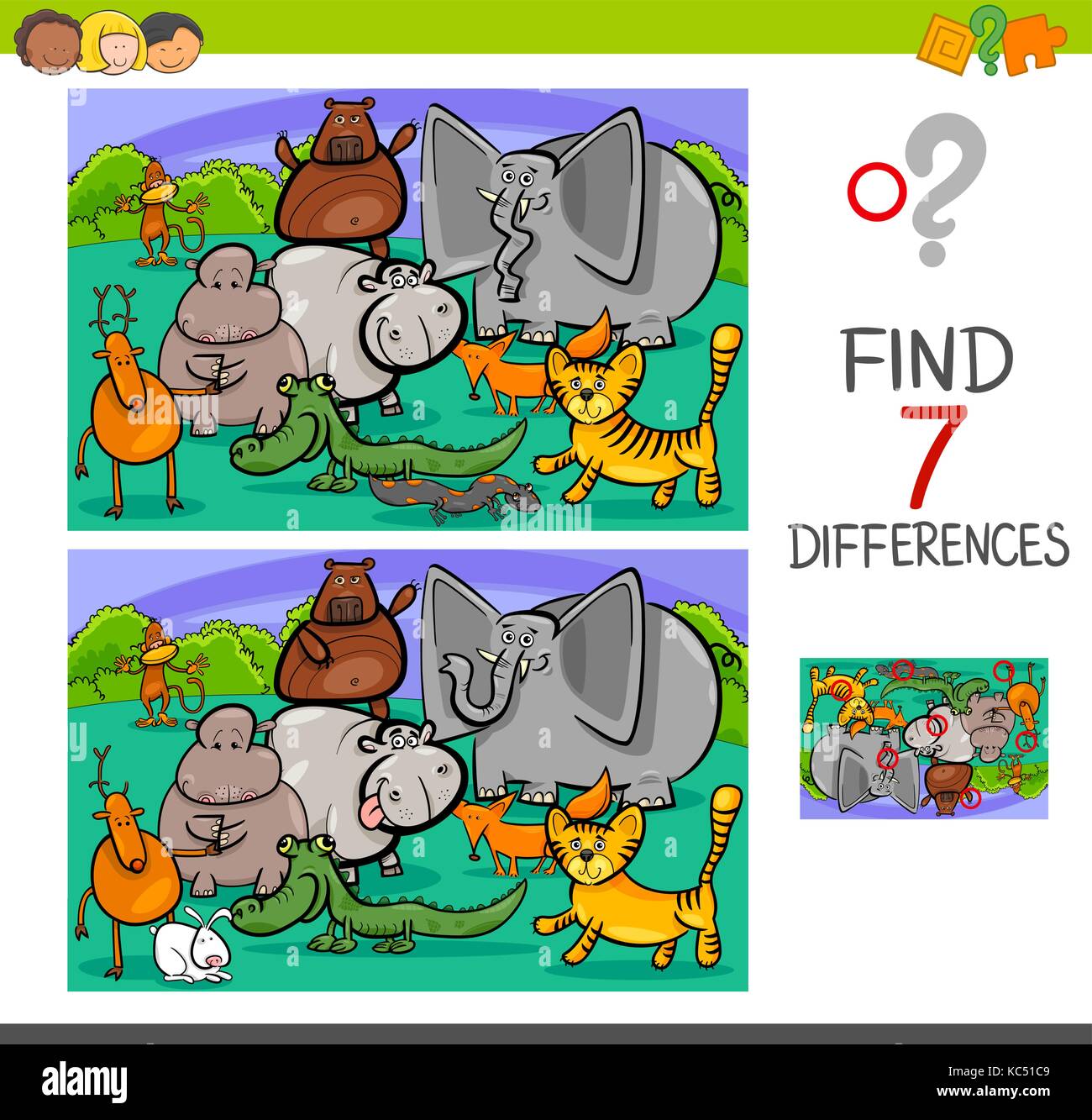 Cartoon Illustration of Searching Differences Between Pictures Educational Activity Game for Children with Animal Characters Group Stock Vector