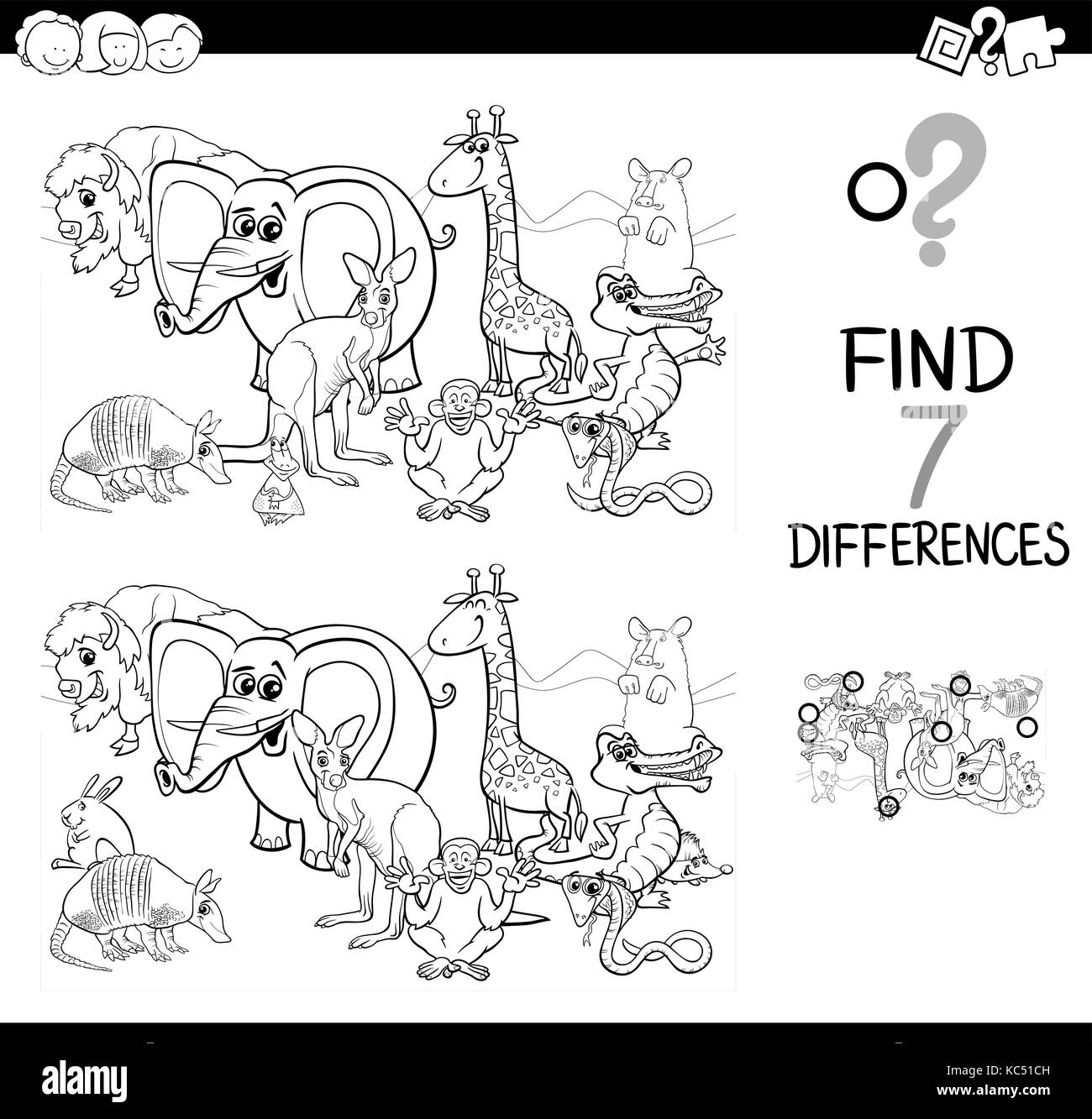 Black and White Cartoon Illustration of Searching Differences Between Pictures Educational Activity Game for Children with Wild Animal Characters Grou Stock Vector