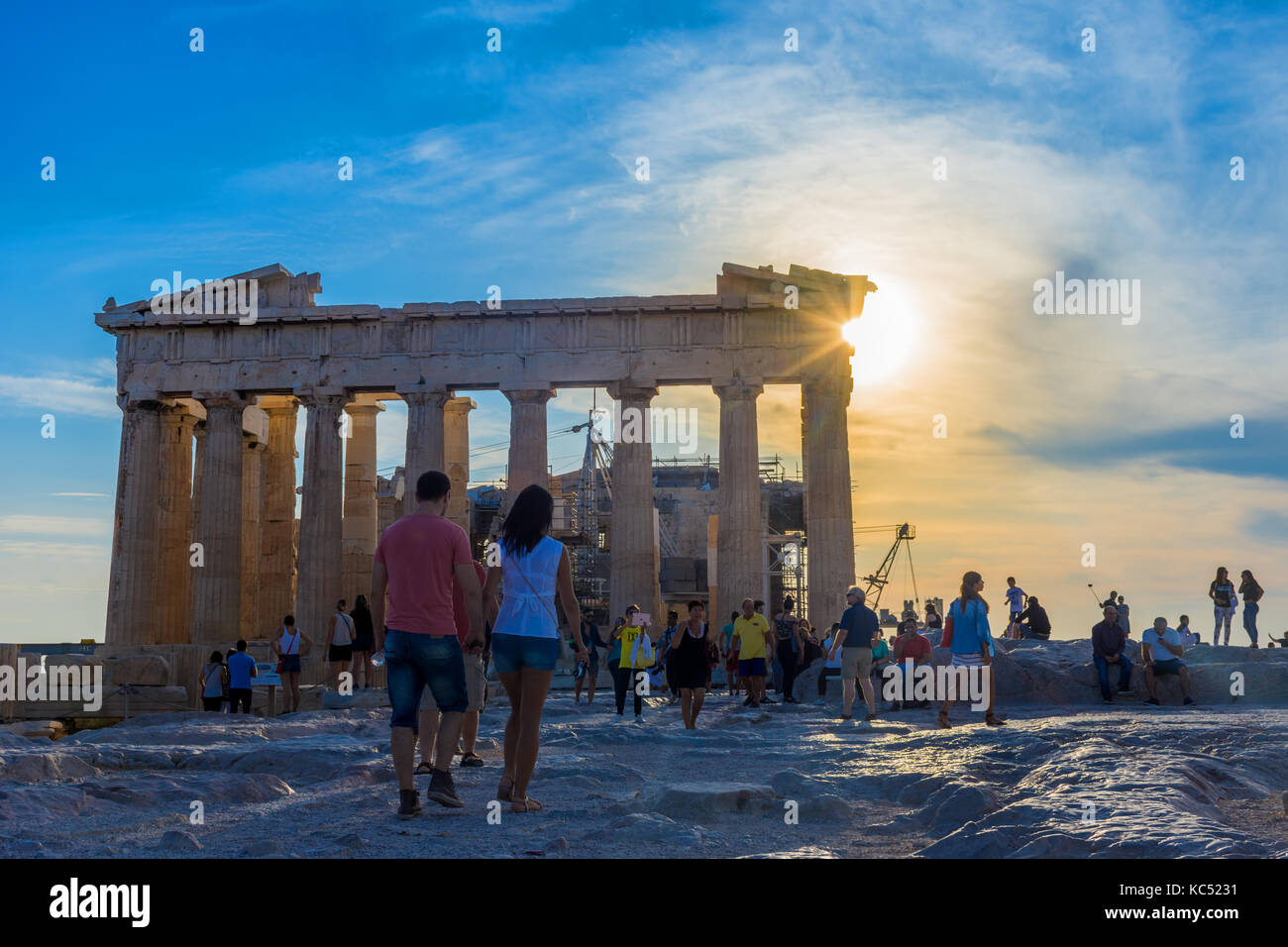 Tourists at the Acropolis of Athens Stock Photo