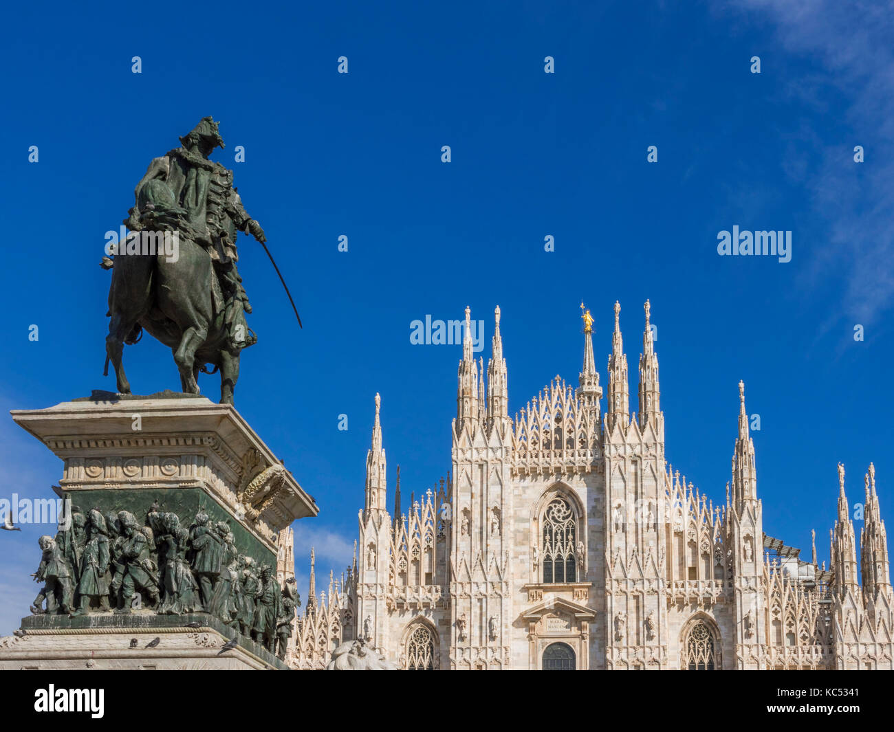 Equestrian statue of Vittorio Emanuele II overlooking the Gothic cathedral in Piazza del Duomo in Milan, Milano, Lombardy, Italy, Europe Stock Photo