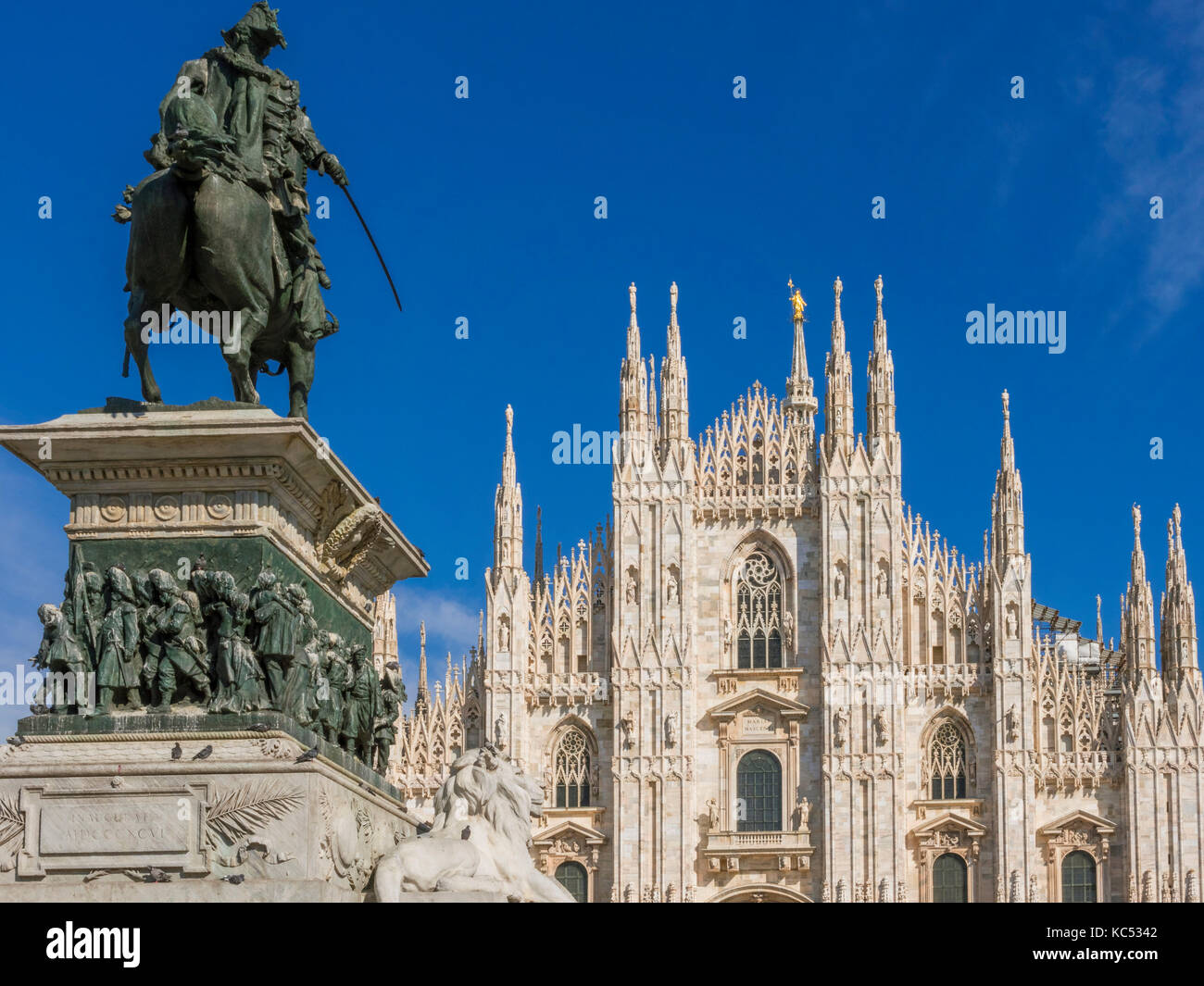 Equestrian statue of Vittorio Emanuele II overlooking the Gothic cathedral in Piazza del Duomo in Milan, Milano, Lombardy, Italy, Europe Stock Photo