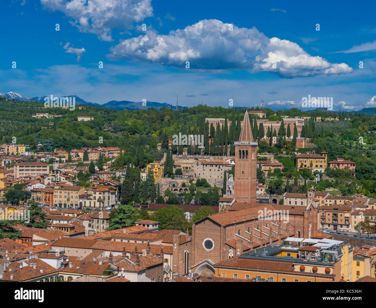 View from Torre dei Lamberti over the city with Church Santa Anastasia, Verona, Veneto, Italy, Europe Stock Photo