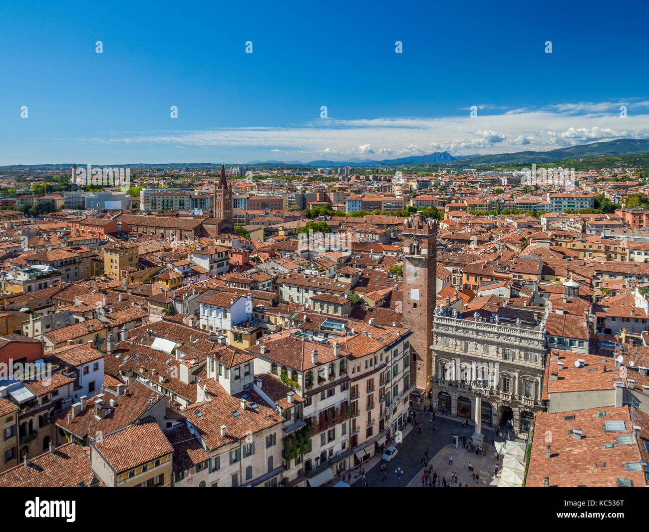 View from the Torre dei Lamberti, Lamberti Tower, to the Piazza delle Erbe, Verona, Veneto, Italy, Europe Stock Photo