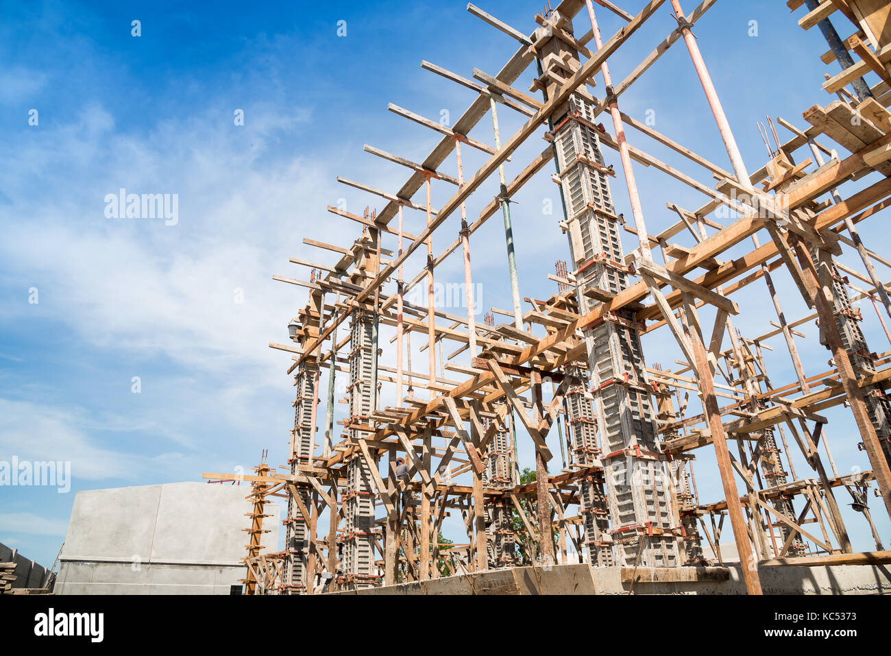 Wooden frame supporting the beam structure under construction Stock