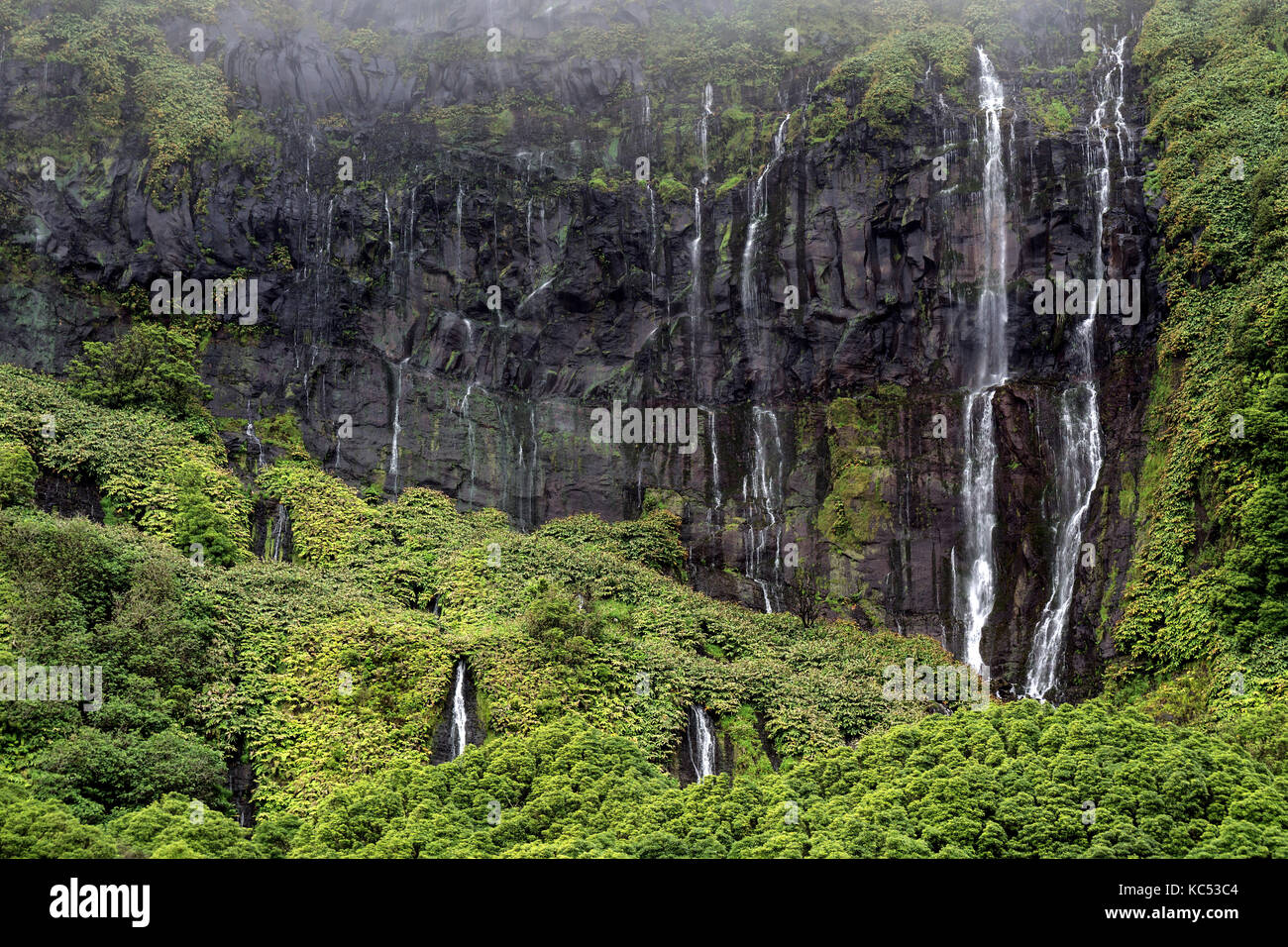 Waterfalls over lava rocks, Poco da Alagoinha, near Faja Grande, Flores Island, Azores, Portugal Stock Photo