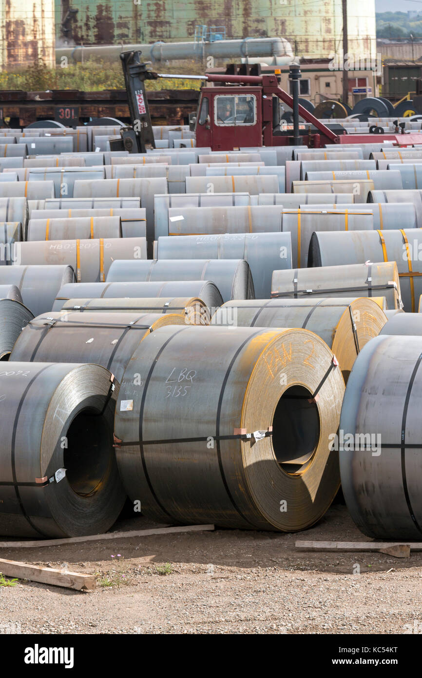 Sault Ste. Marie, Ontario Canada - Steel rolls on the dock at the Algoma steel mill on the shore of the St. Mary's River. Stock Photo