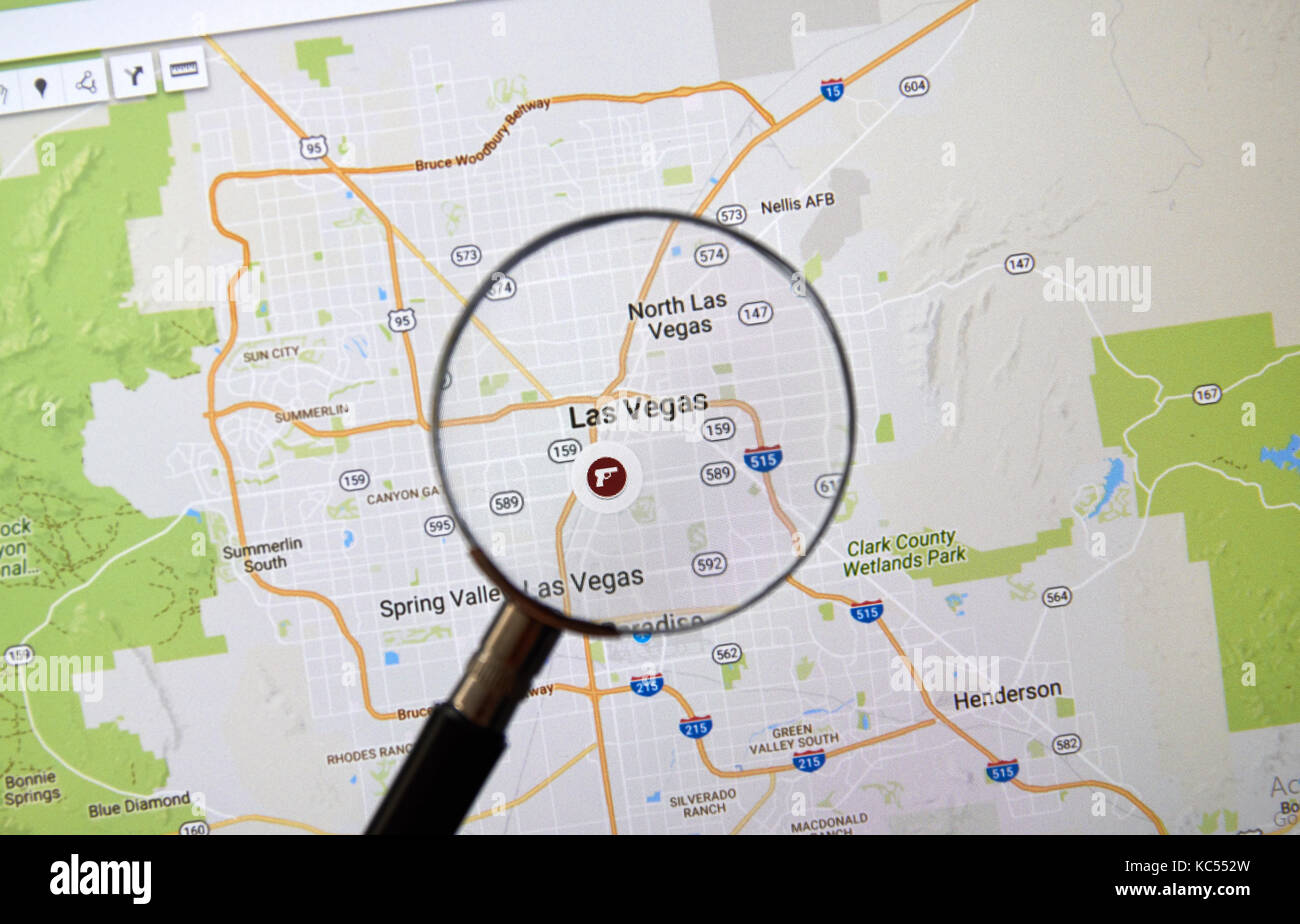 MONTREAL, CANADA - OCTOBER 2, 2017: Las Vegas on Google Map with gun icon. Las  Vegas, is the 28th-most populated city in the United States, the most p  Stock Photo - Alamy