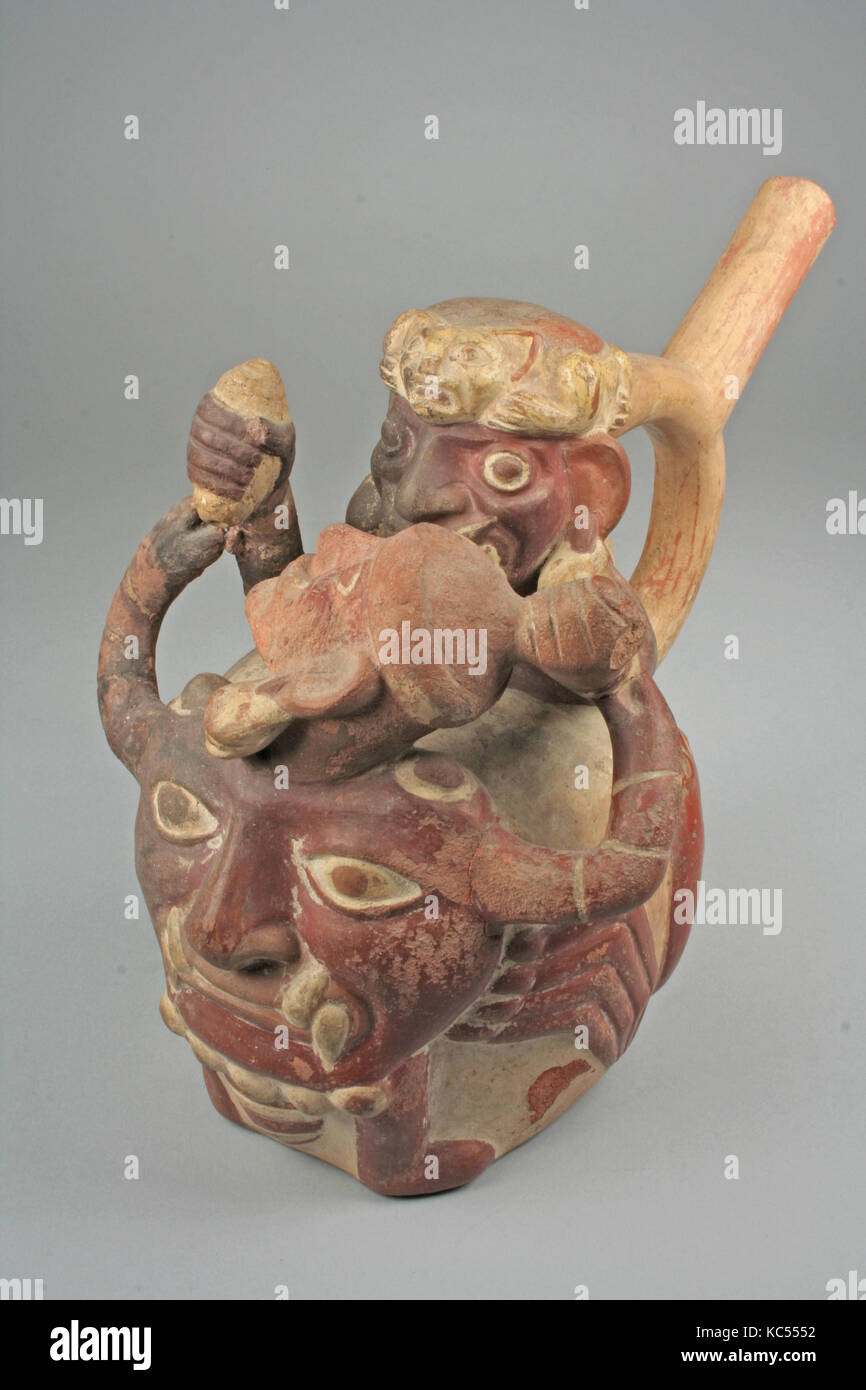 Bottle, Crab Demon, 4th–7th century, Peru, Moche, Ceramic, slip, Overall: 7 3/8 x 5 3/4 in. (18.73 x 14.61 cm), Ceramics Stock Photo