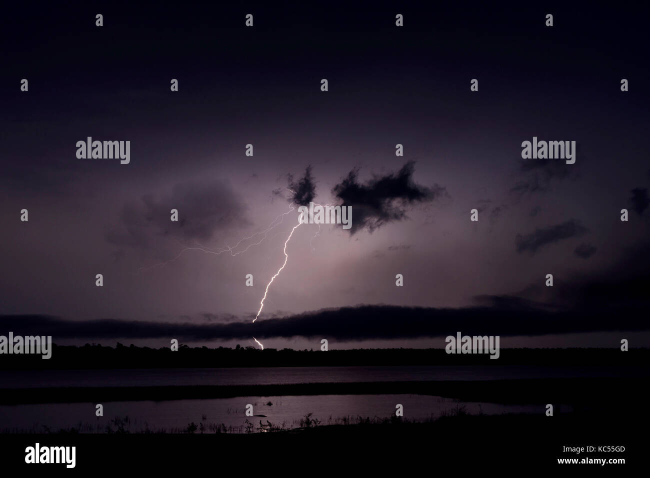 Lightning, Thunderstorm, Laguna Blanca, Santa Rosa del Aguaray, San Pedro, Paraguay Stock Photo