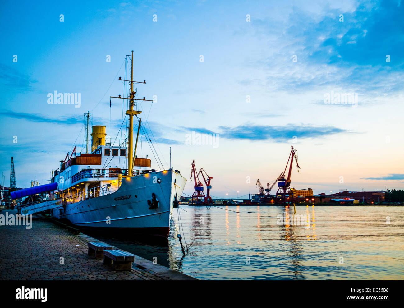 Boat in harbour, twilight, Gothenburg, Sweden Stock Photo