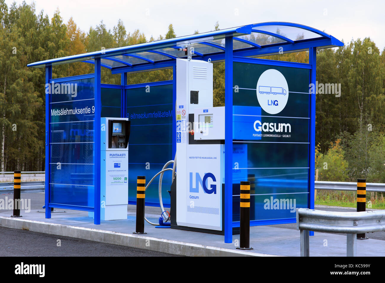 JYVASKYLA, FINLAND - SEPTEMBER 22, 2017: LNG, Liquified natural gas dispenser for heavy duty vehicles at Gasum filling station in Jyvaskyla, Finland. Stock Photo