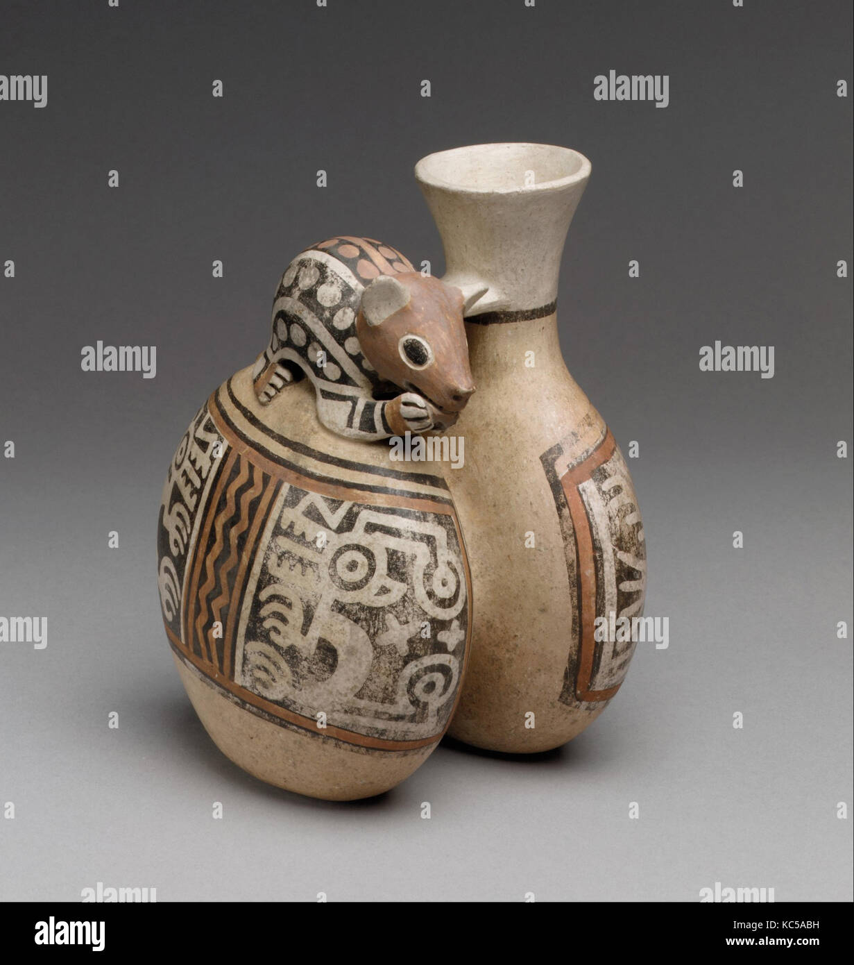 Bottle with Mouse, 4th–7th century, Peru, Recuay, Ceramic, H. 6 in. (15.24 cm), Ceramics-Containers, Contemporary with the Stock Photo