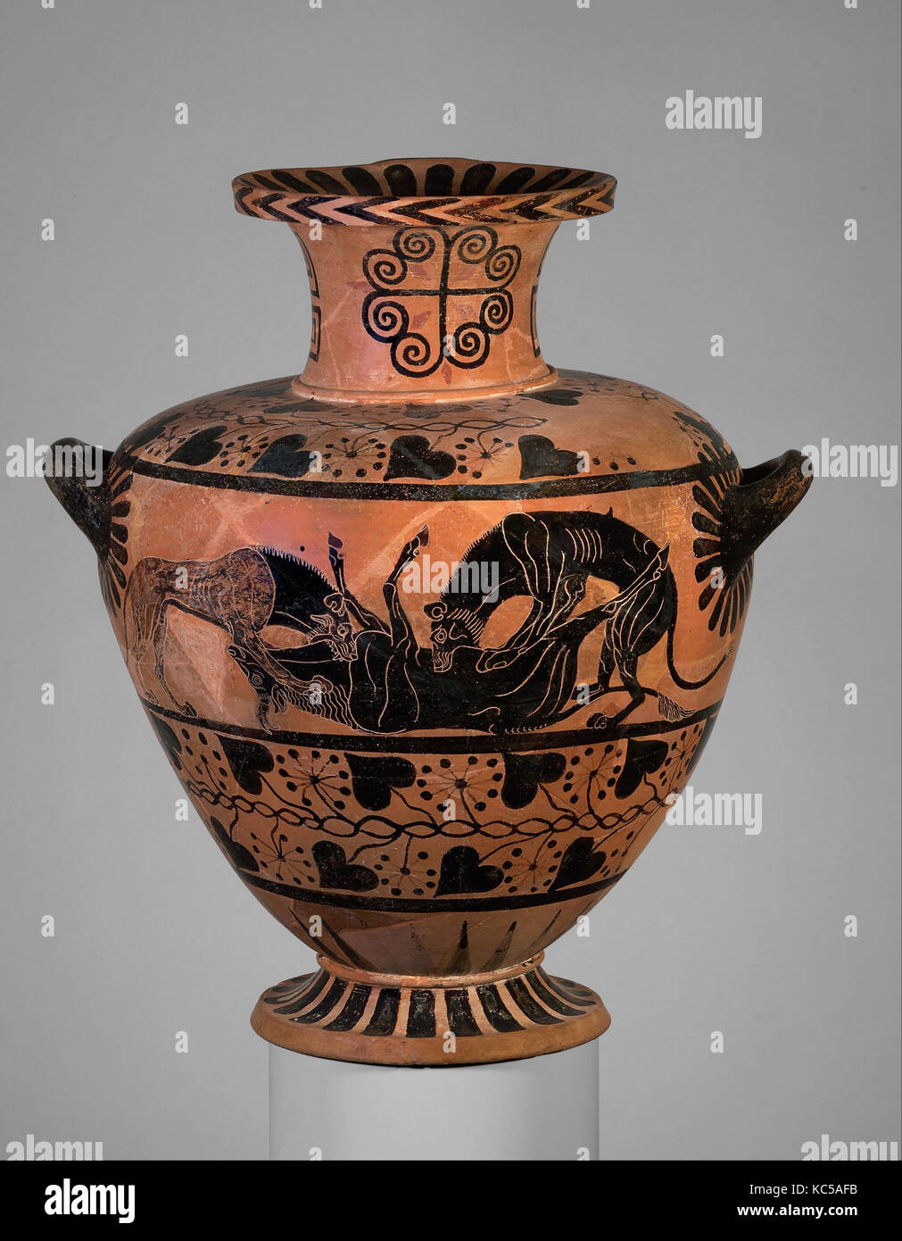 Terracotta hydria (water jar), Archaic, ca. 520–510 B.C., Greek, Caeretan, Terracotta; black-figure, H. 16 3/4 in. (42.5 cm Stock Photo