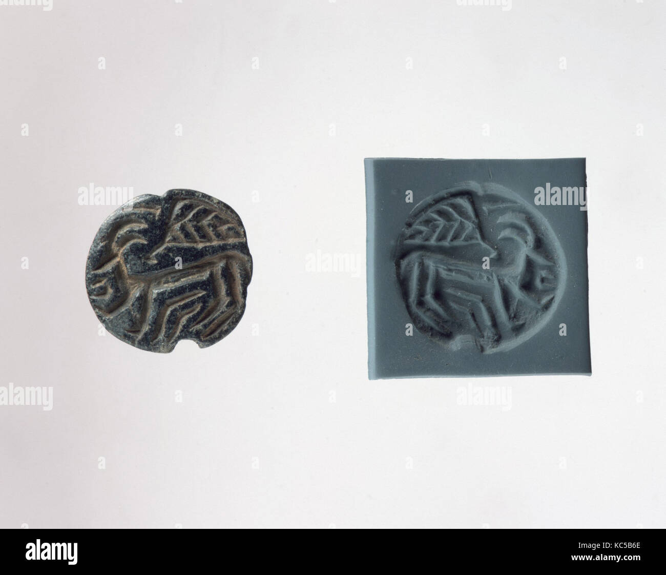 Stamp seal and modern impression: horned animal and bird, 6th–5th millennium B.C Stock Photo