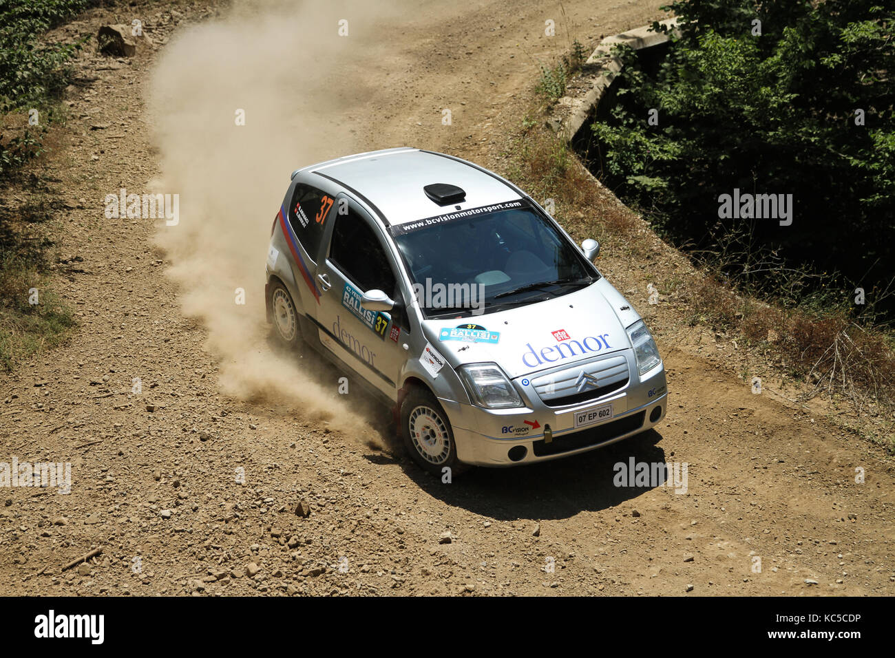 BURSA, TURKEY - JULY 22, 2017: Eren Burkay drives Citroen C2 of BC Vision Motorsport Team in Rally Bursa Stock Photo