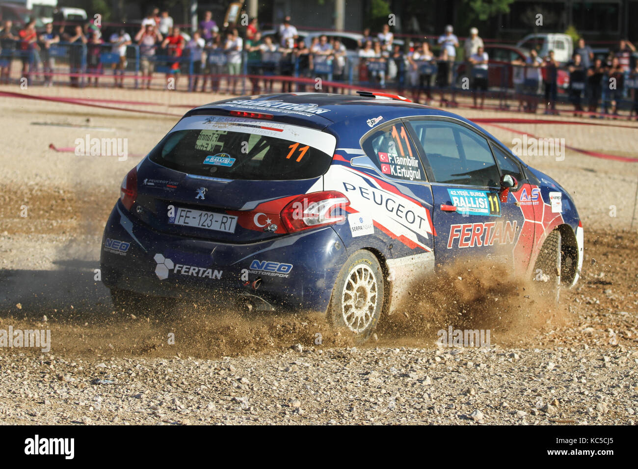 BURSA, TURKEY - JULY 22, 2017: Ferhat Tanribilir drives Peugeot 208 R2 of Neo Motorspor in Rally Bursa Stock Photo