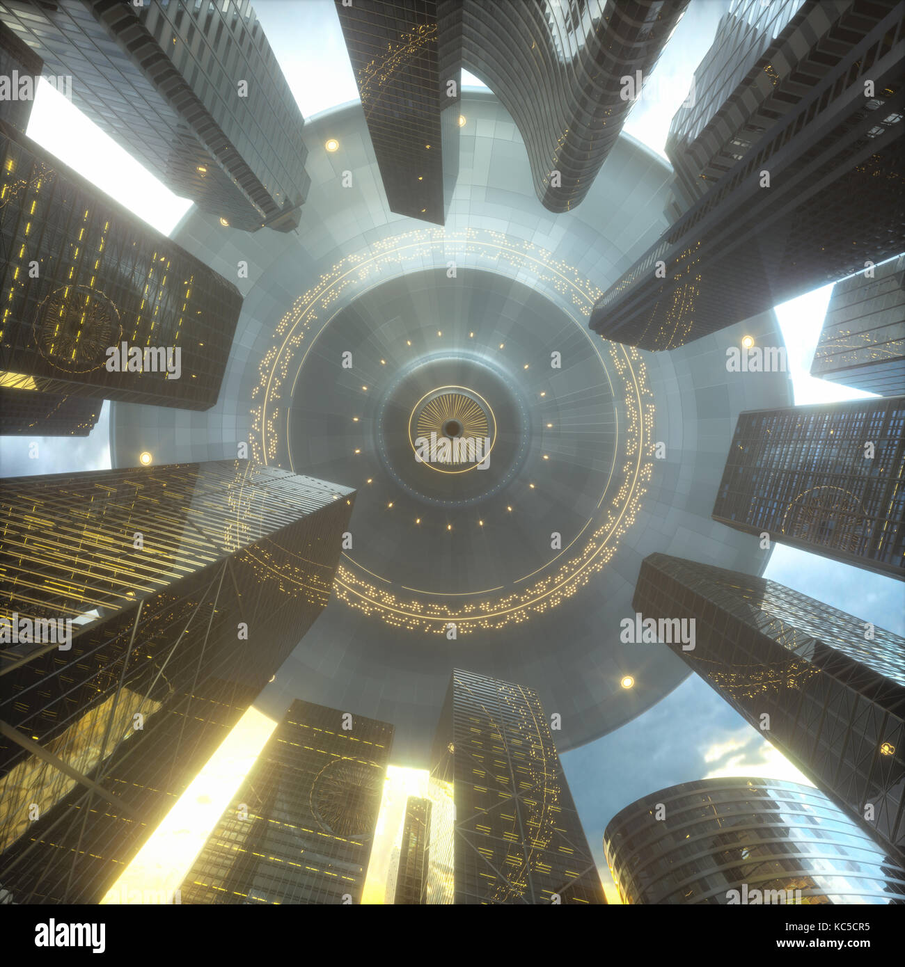 3D illustration. Space alien ship UFO, over skyscrapers. Conceptual image of ufology. Stock Photo