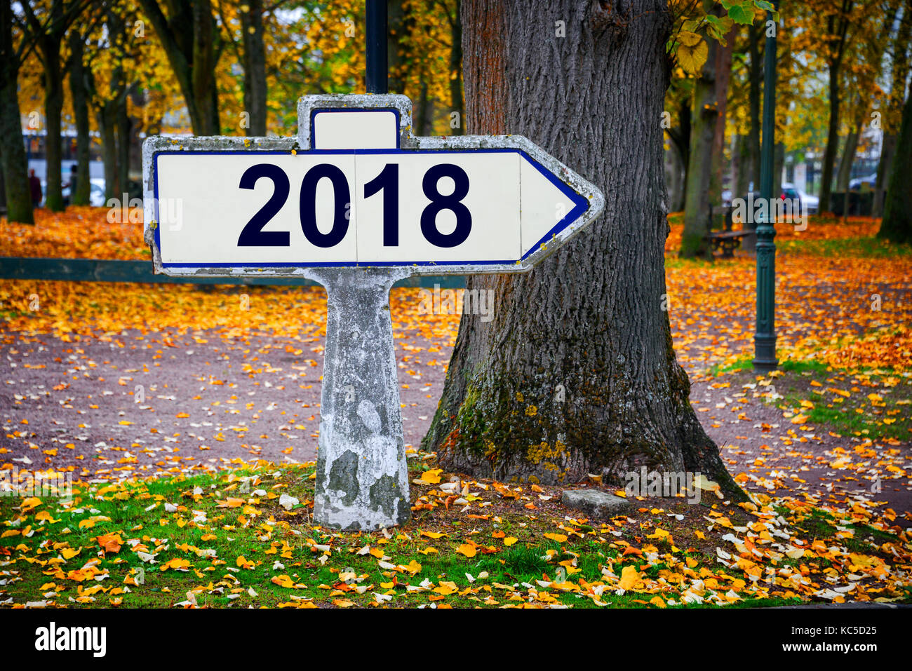2018 written on an old french roadsign, autumn background Stock Photo