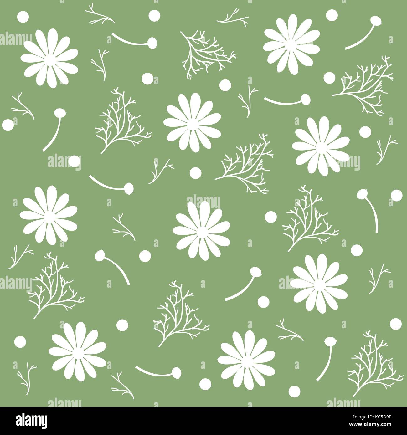 Seamless pattern of chamomile flowers and branches isolated, green background. Vector Illustration Stock Vector