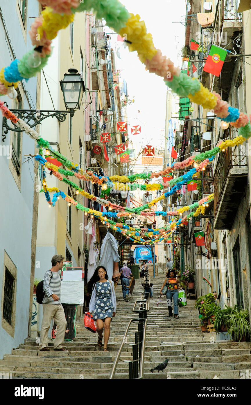 Traditional street in the Bica district. Lisbon, Portugal Stock Photo