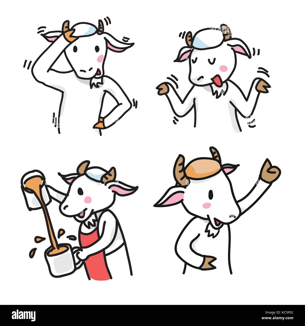 Set of Goat Cartoon Character, hands up, making malay tea and never mind action-Vector Illustration Stock Vector