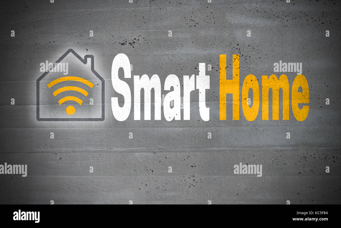 Smart Home on Concrete Wall Concept Background. Stock Photo