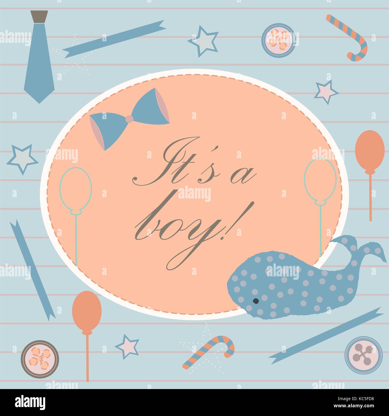 Baby Boy Birth announcement. Baby shower invitation card. Cute whale announces the arrival of boy. Card Design on Teal Background with ribbons, tie, b Stock Vector