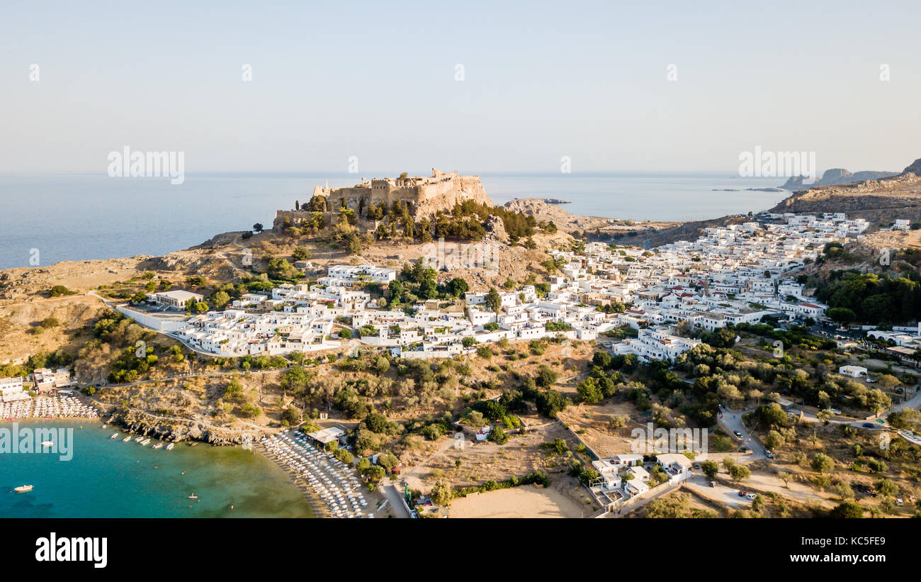 Aerial View of historic Village Lindos on Rhodes Greece Island ...