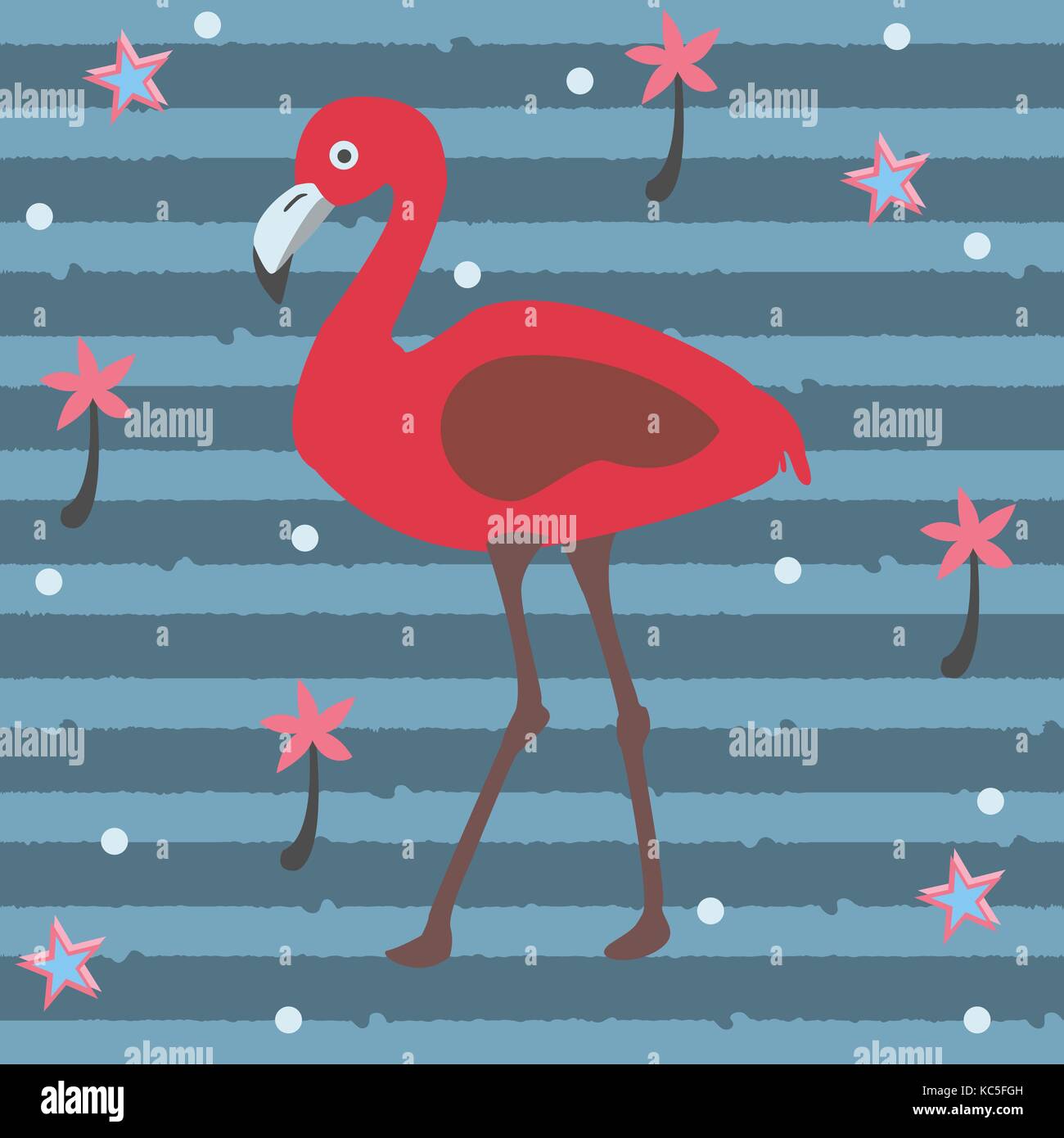 Cute Pink Flamingo with Palms and Stars on a Blue Background with Stripes. Summer Collection. Vector Illustration. Stock Vector