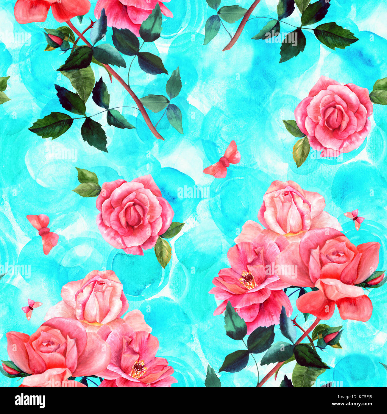 Seamless pattern with watercolor roses and butterflies on teal Stock ...