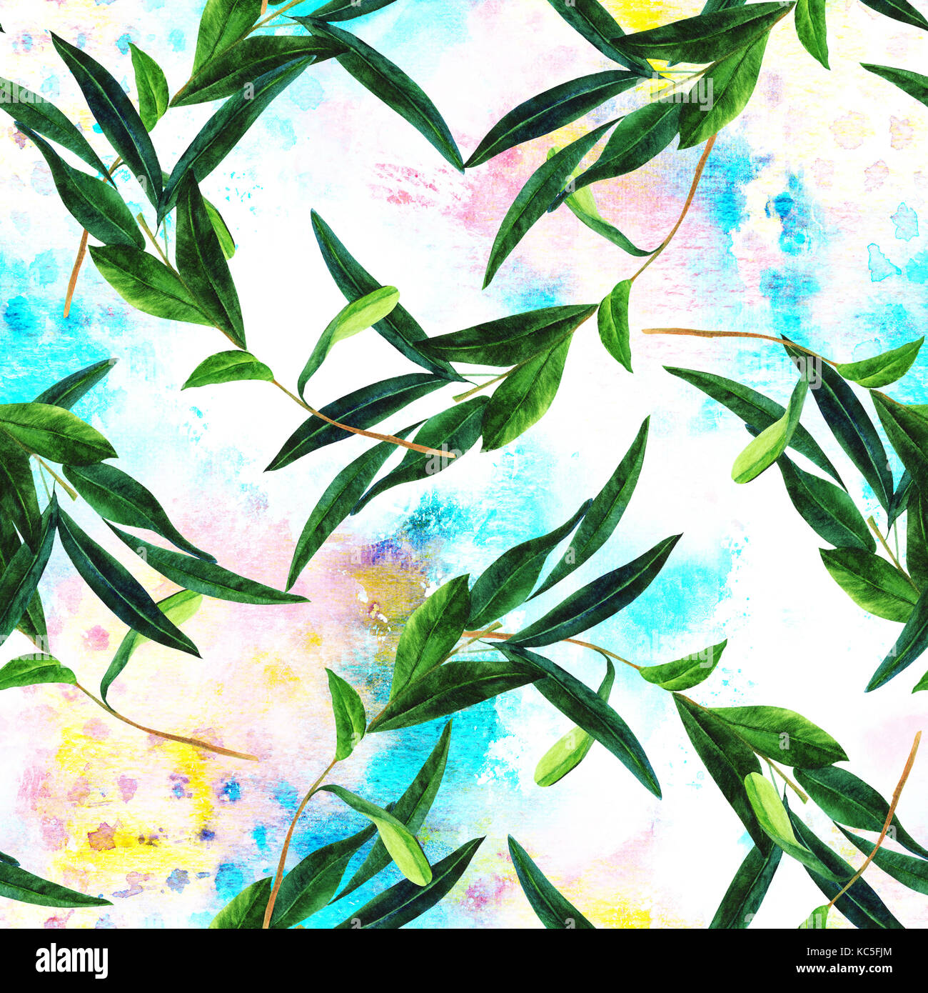 Seamless pattern with watercolor olive branch and brushstrokes Stock ...