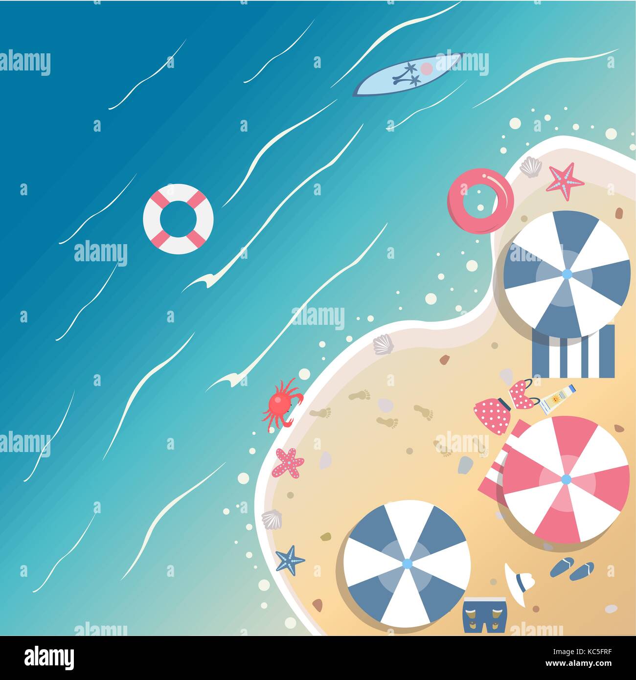 Summer Vector Illustration. Seashore with summer beach objects. From Summer Collection. Background template. For cards, postcards, posters, banners, e Stock Vector