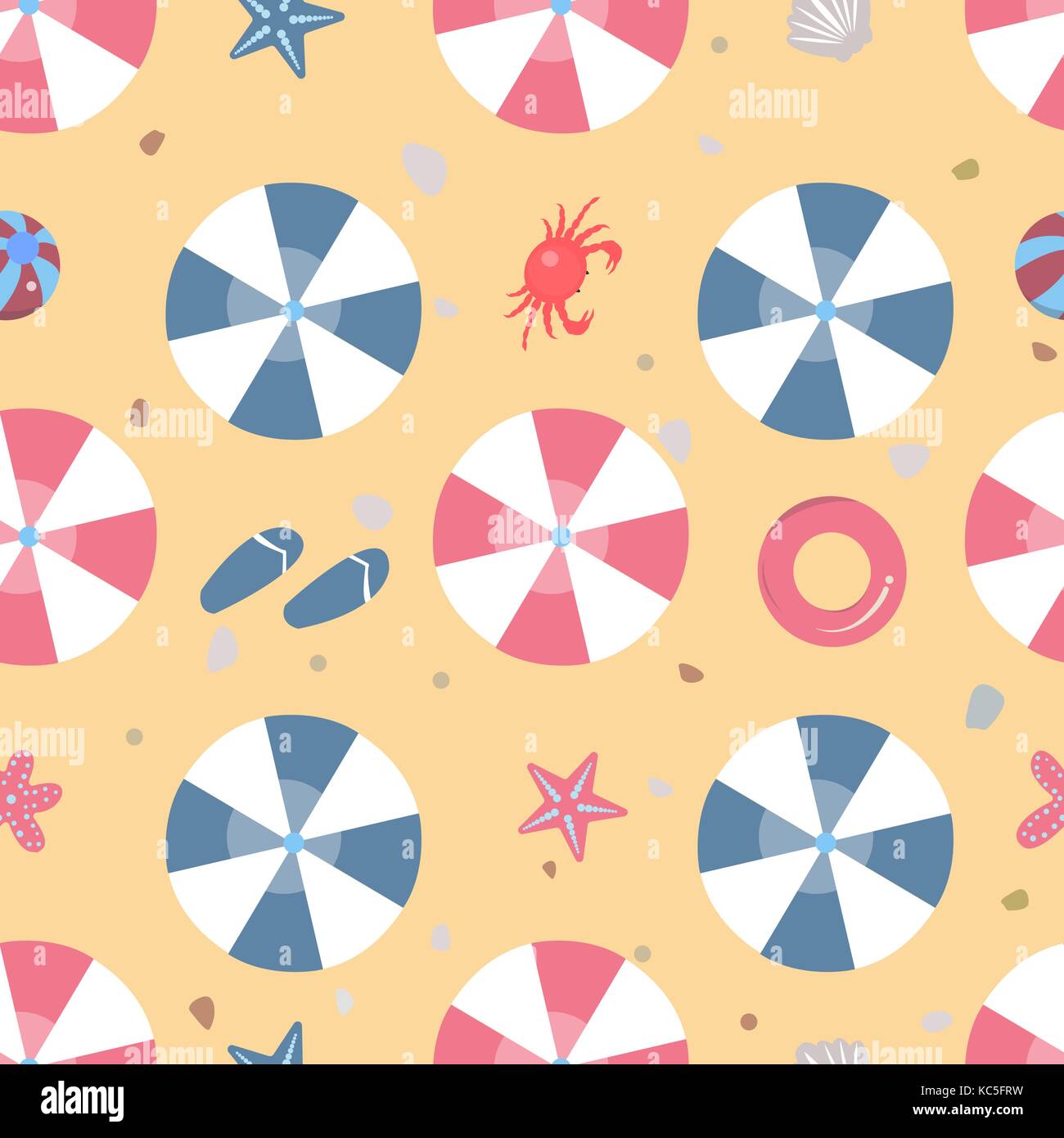Beach Seamless Pattern with umbrellas, crab, rubber ring, etc. Vector Illustration Stock Vector