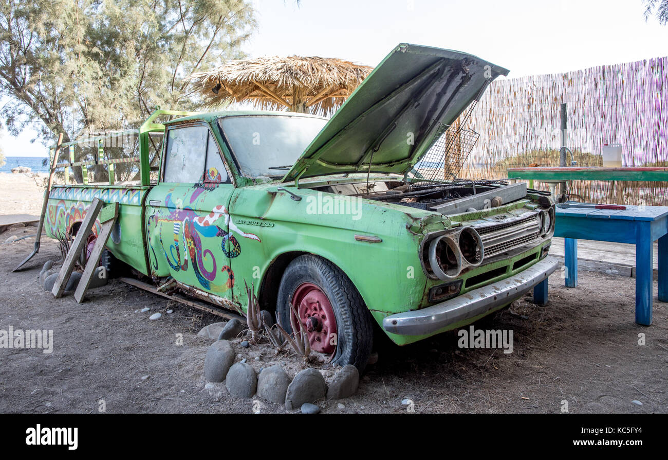 Old Pick Up Truck Being Used As A Barbecue Mojito Beach Rhodes Greece Stock Photo
