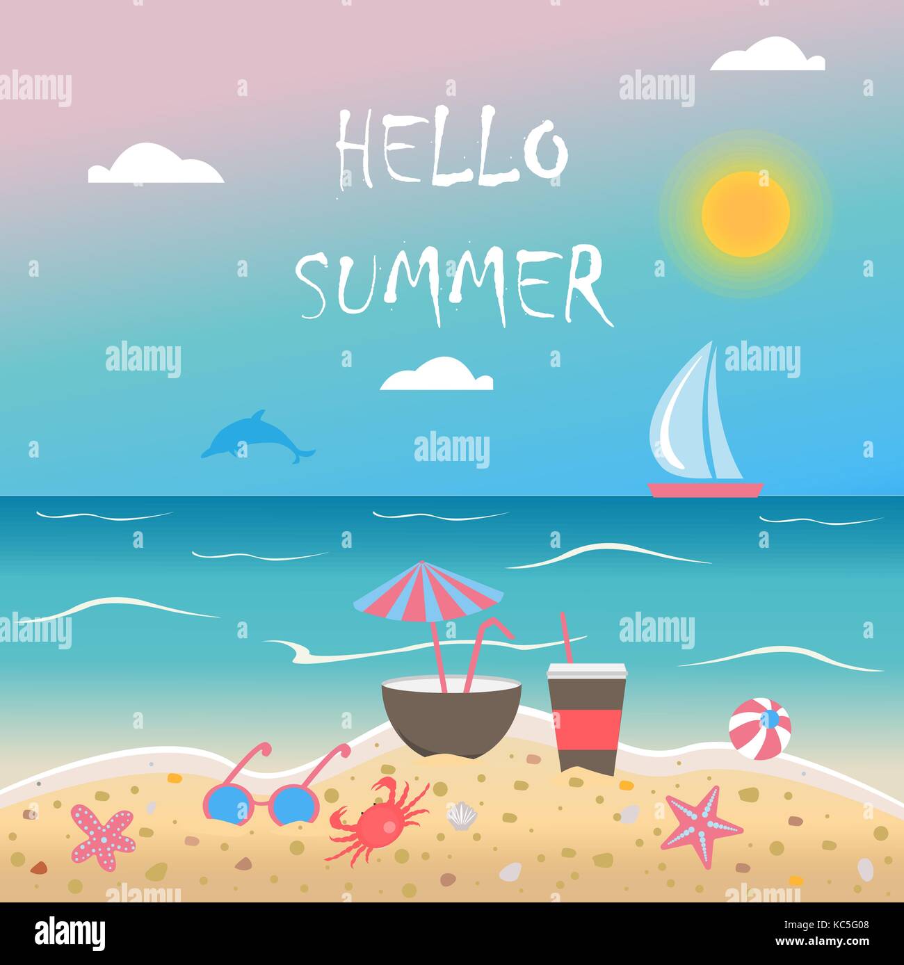 Summer Vector Illustration. Seashore with summer beach objects. From Summer Collection. Background template. For cards, postcards, posters, banners, e Stock Vector
