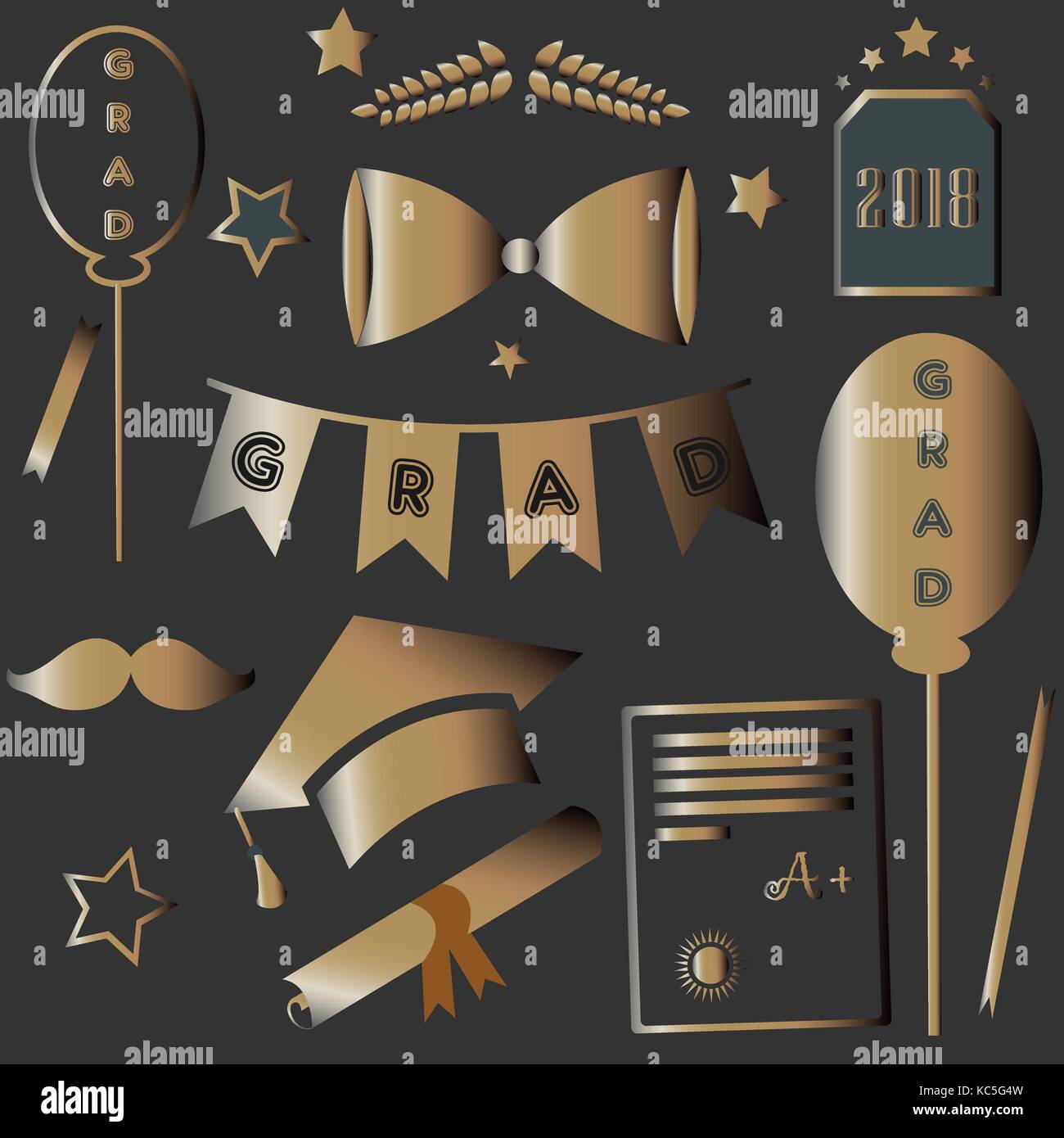 Graduation Package. Two Thousand Eighteen. Dark Background with rich golden graduation elements. Bow, tie, cap, mustache, etc. For Posters, banners, T Stock Vector