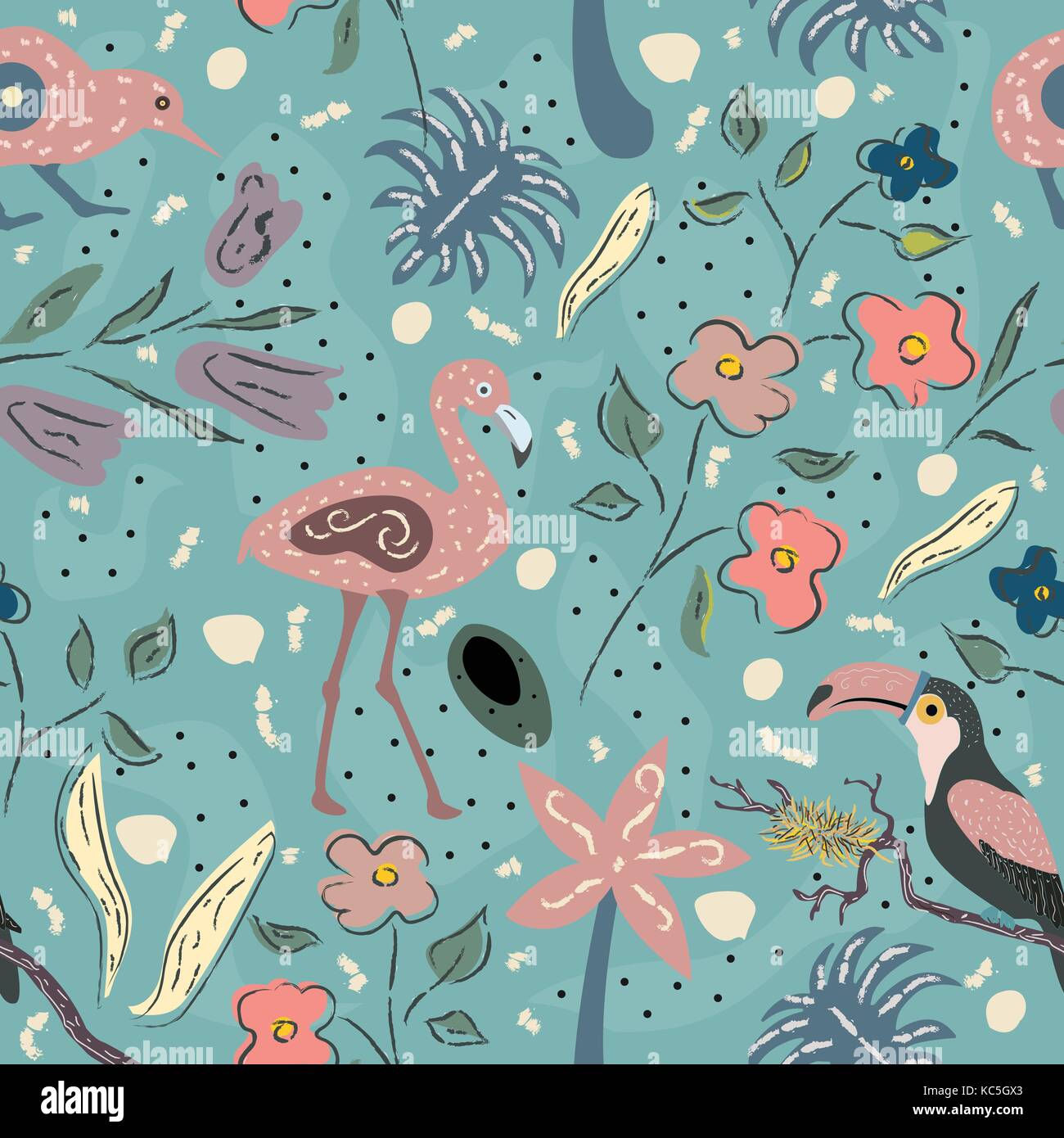 Flamingo, Toucan and kiwi bird. Exotic Bird Seamless Pattern. Vector illustration Stock Vector