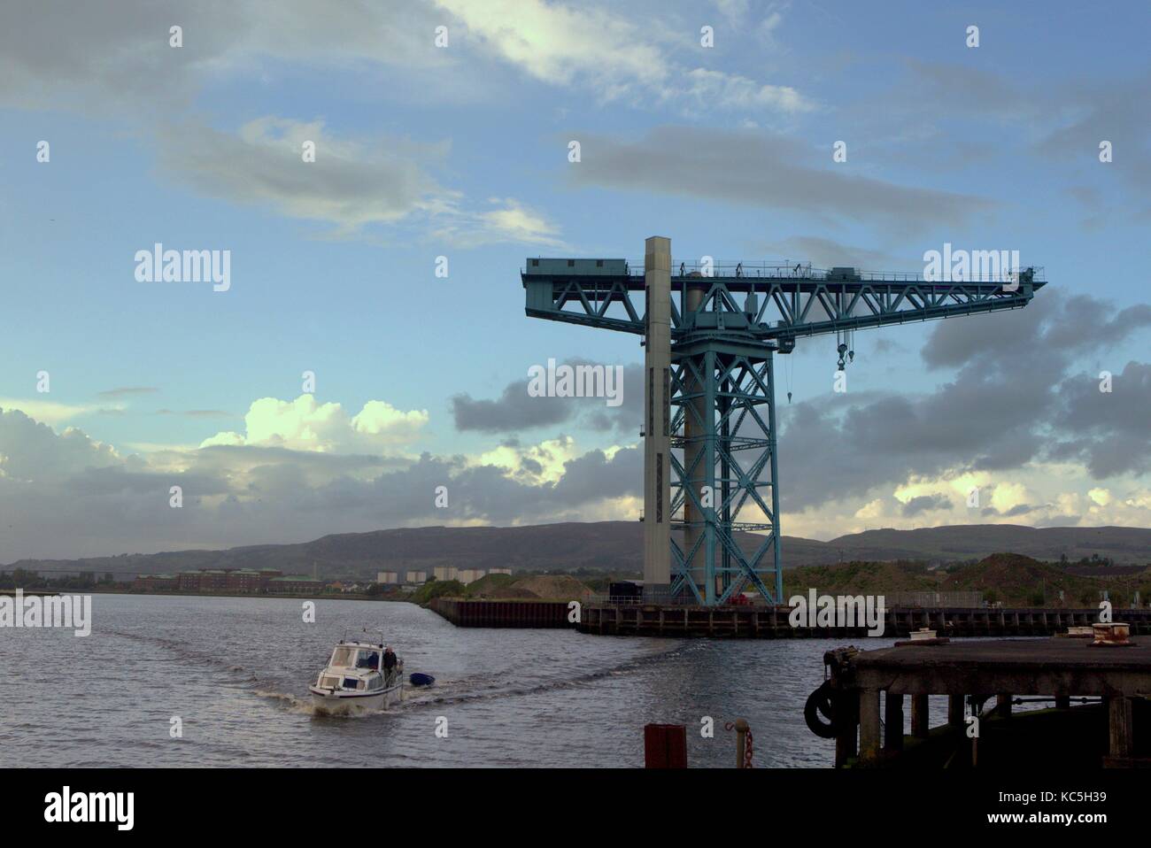river Clyde boat titan crane waterfront scene  Clydebank, United Kingdom Stock Photo