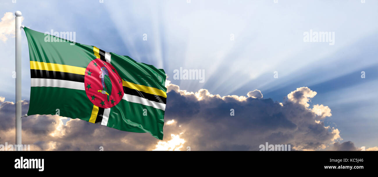 Dominica waving flag on blue sky. 3d illustration Stock Photo Alamy