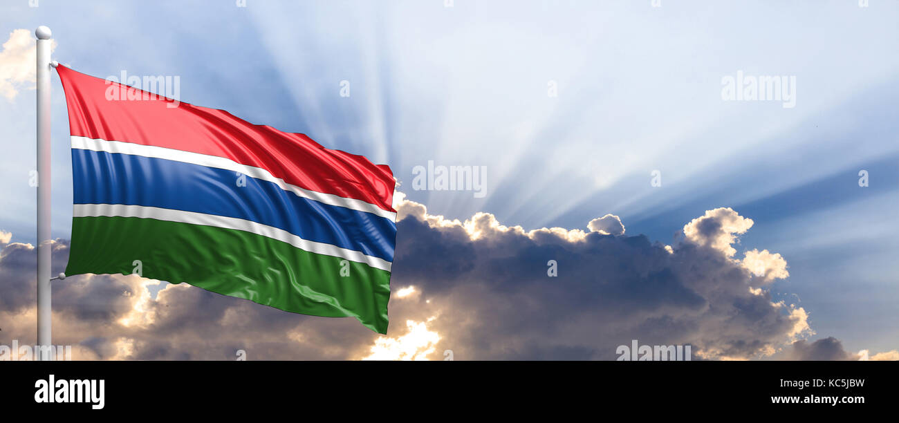 Gambia waving flag on blue sky. 3d illustration Stock Photo - Alamy