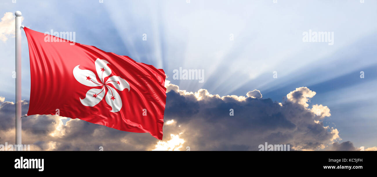 Hong Kong waving flag on blue sky. 3d illustration Stock Photo