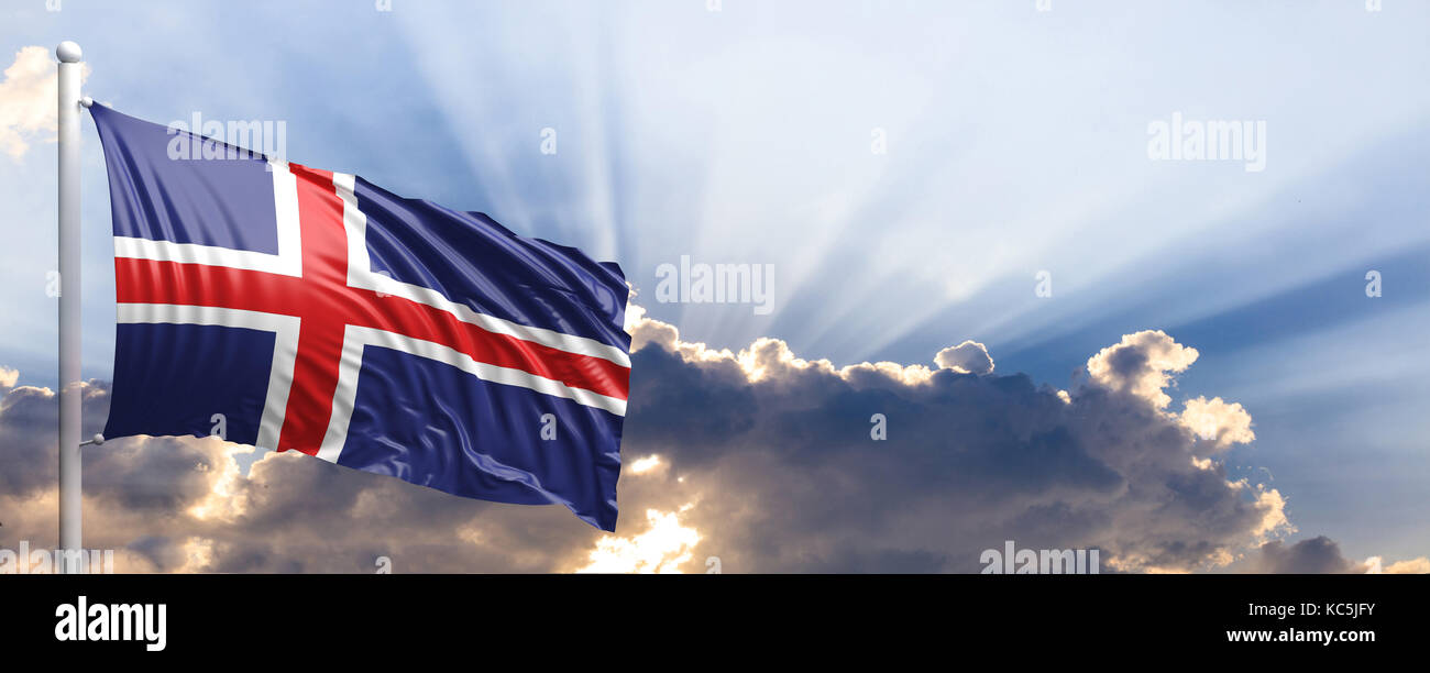 Iceland waving flag on blue sky. 3d illustration Stock Photo - Alamy