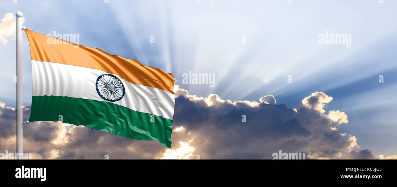 India waving flag on blue sky. 3d illustration Stock Photo