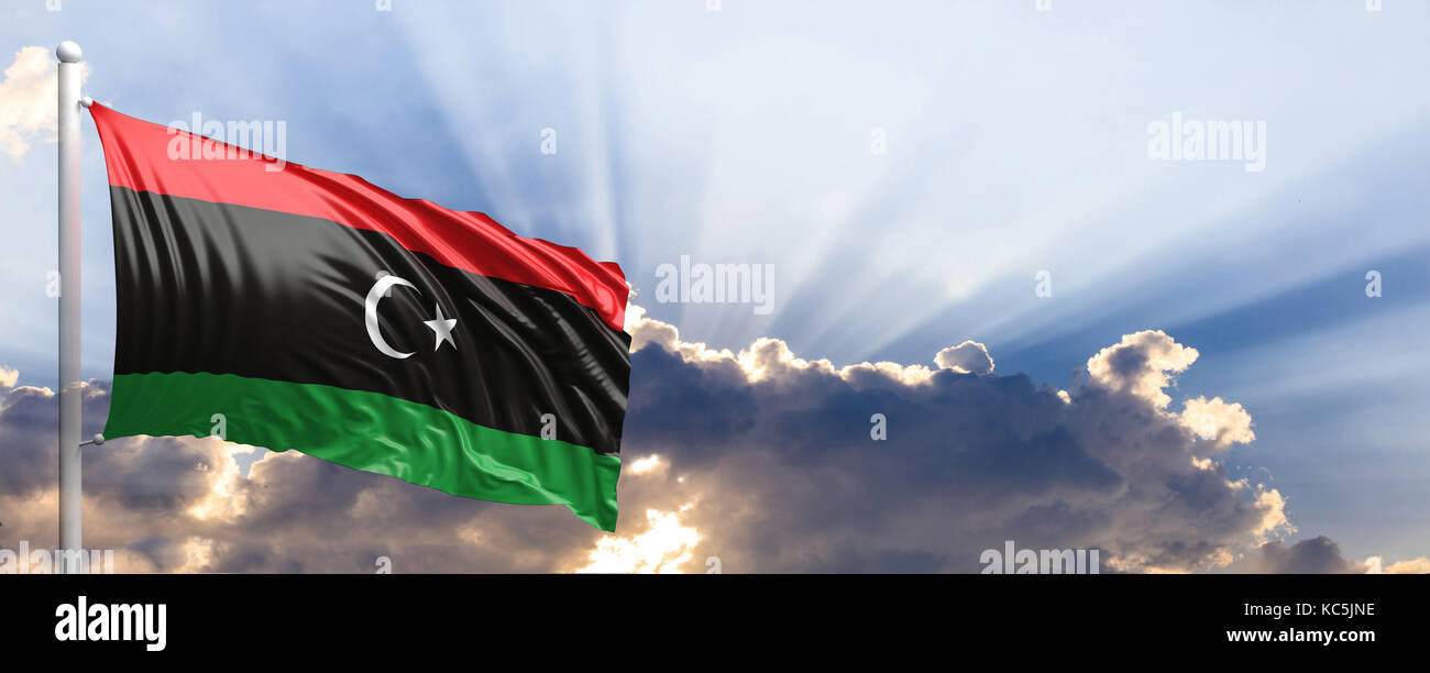 Libya waving flag on blue sky. 3d illustration Stock Photo - Alamy