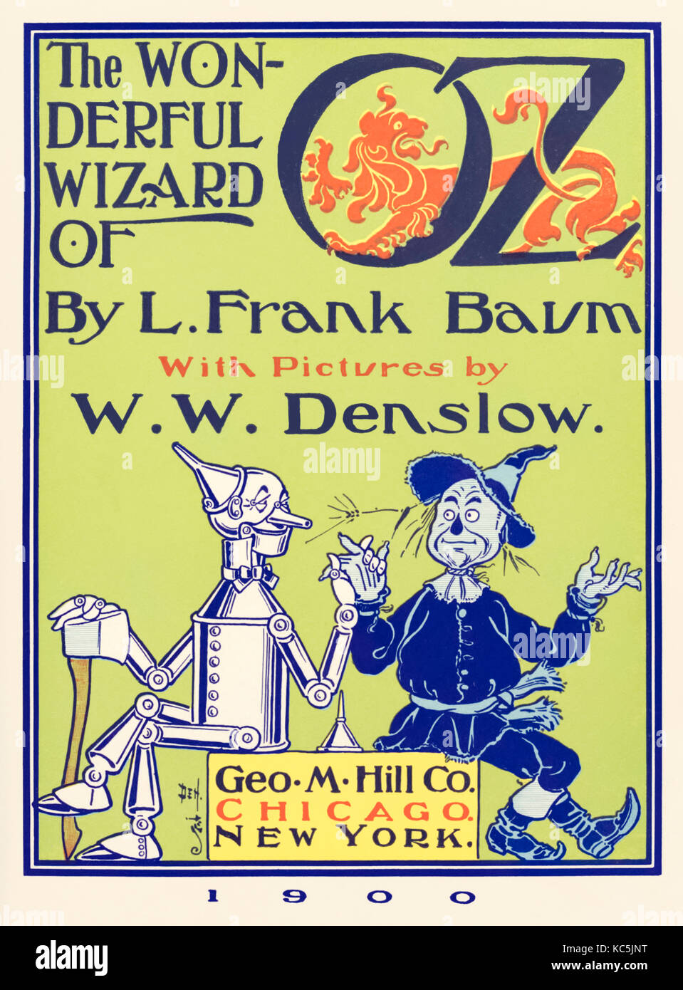 Title page from ‘The Wonderful Wizard of Oz’ by L. Frank Baum (1856-1919) with pictures by W. W. Denslow (1856-1915), featuring the tin man and the scarecrow. Full set of full page images from first edition to follow in Oct 2017. See more information below. Stock Photo