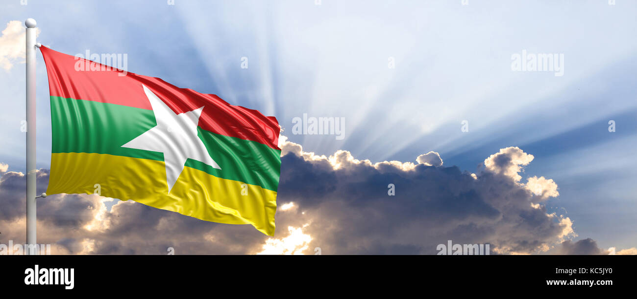 Myanmar waving flag on blue sky. 3d illustration Stock Photo - Alamy