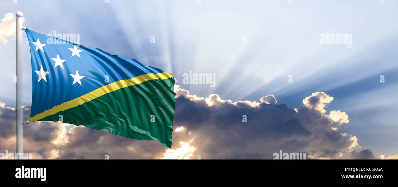 Solomon Islands waving flag on blue sky. 3d illustration Stock Photo ...