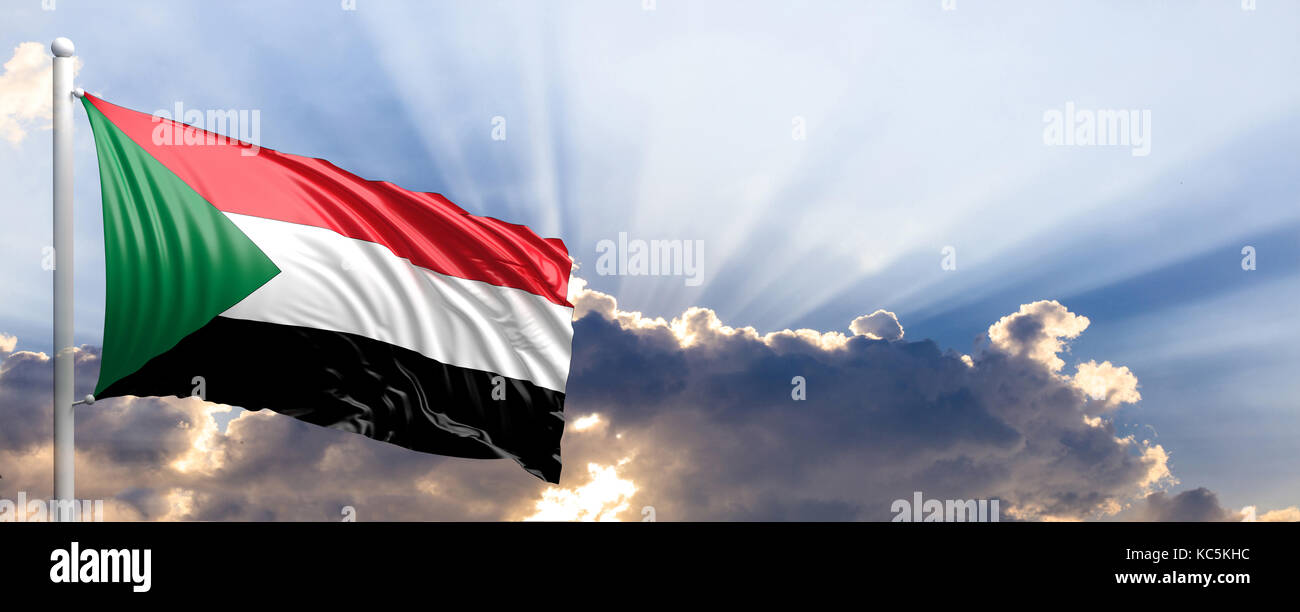 Sudan waving flag on blue sky. 3d illustration Stock Photo - Alamy