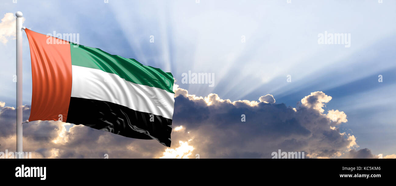 United Arab Emirates waving flag on blue sky. 3d illustration Stock Photo