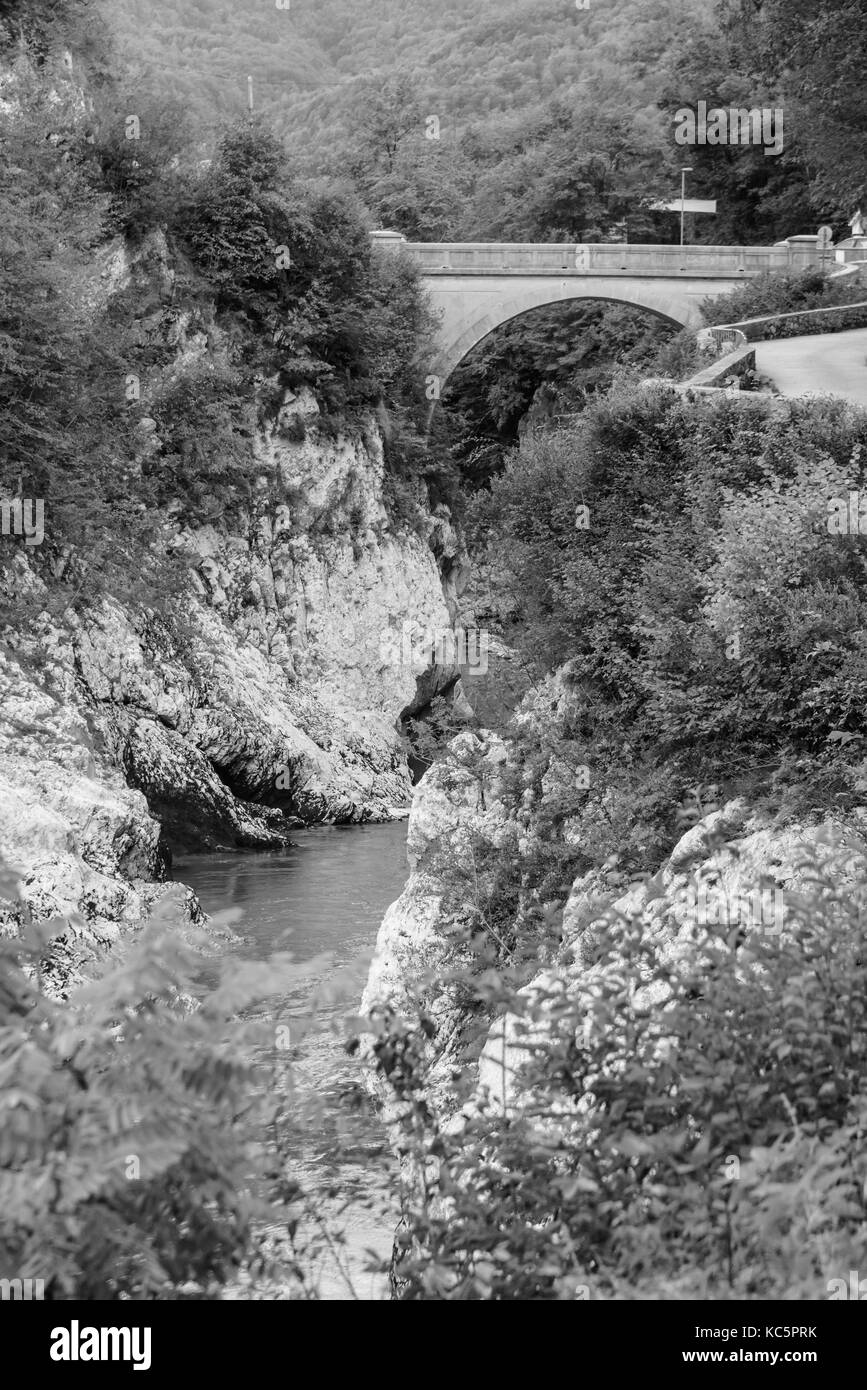 Isonzo river. Black and white. Stock Photo